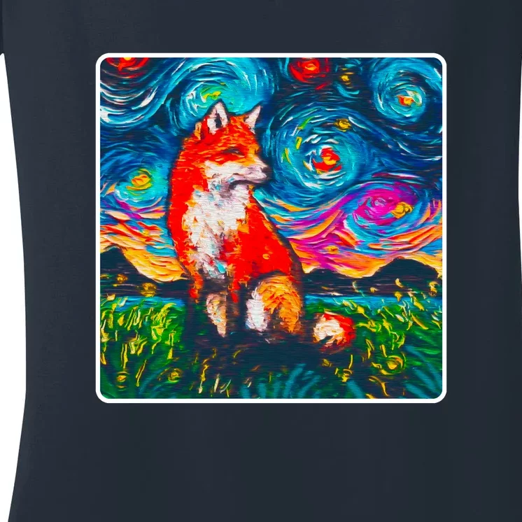 Lupine Night Fox Starry Night Art Painting Women's V-Neck T-Shirt