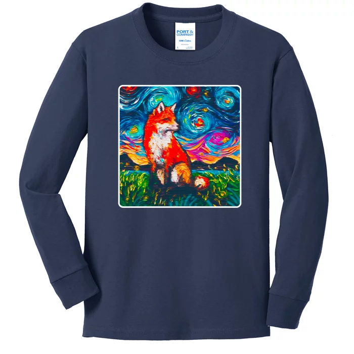 Lupine Night Fox Starry Night Art Painting Kids Long Sleeve Shirt