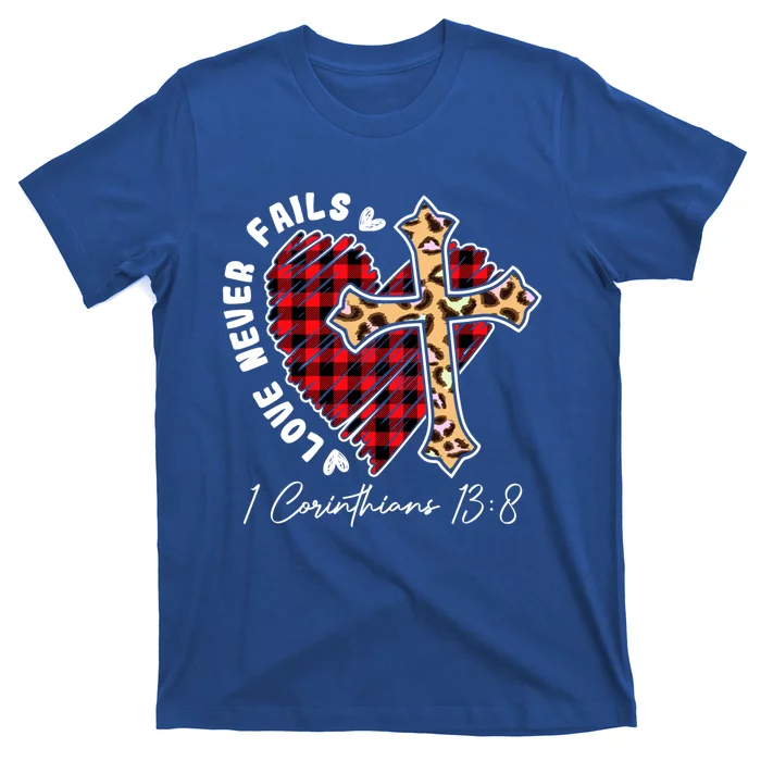 Love Never Fails Funny Plaid Heart Leopard Cross Funny Gift T-Shirt