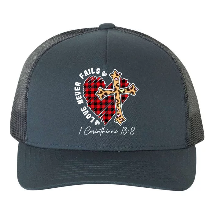 Love Never Fails Funny Plaid Heart Leopard Cross Funny Gift Yupoong Adult 5-Panel Trucker Hat