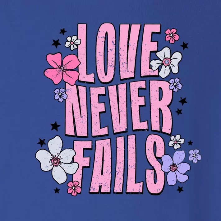 Love Never Fails Groovy Valentines Day Christian Religious Great Gift Toddler Long Sleeve Shirt