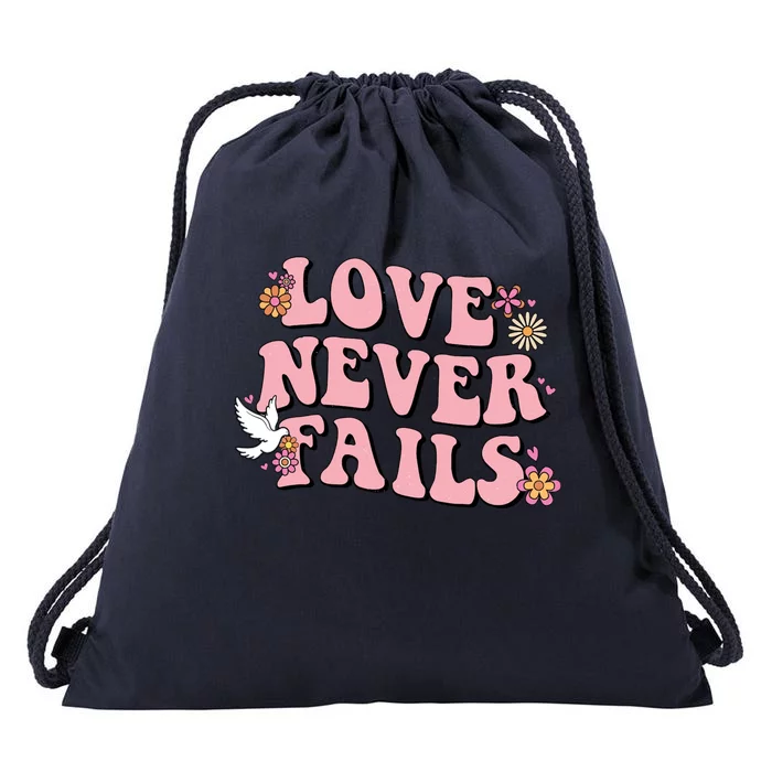 Love Never Fails Groovy Valentines Day Christian Religious Great Gift Drawstring Bag