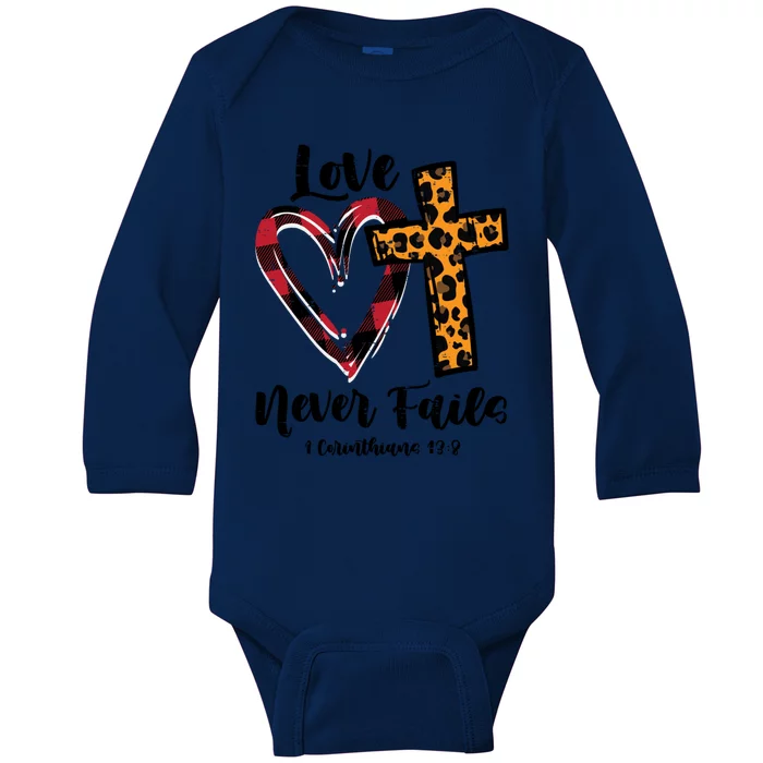 Love Never Fail Bible Valentines Day Leopard Christian Gift Baby Long Sleeve Bodysuit