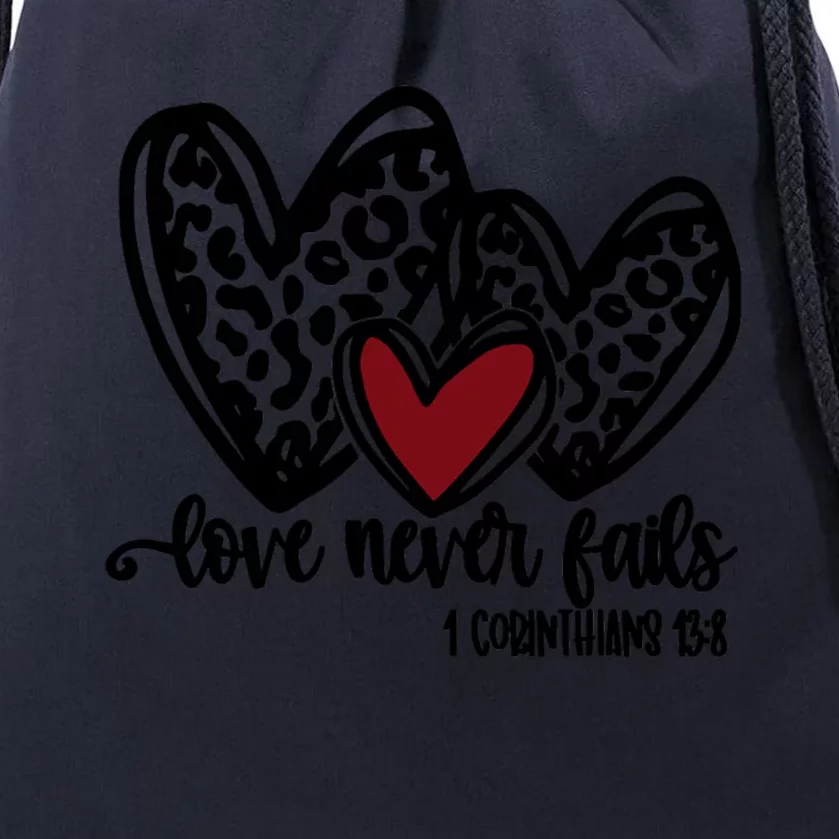 Love Never Fails Valentines Day Couples Tee Leopard Heart Gift Drawstring Bag