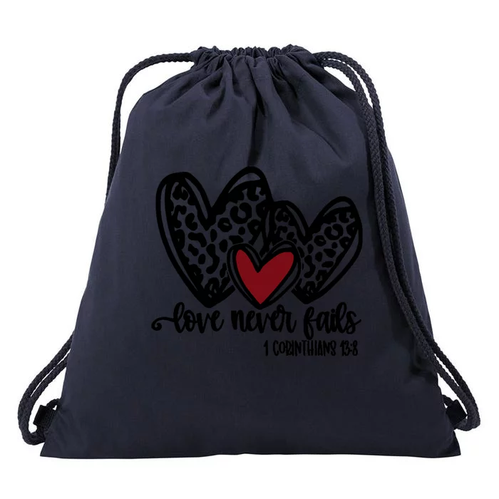 Love Never Fails Valentines Day Couples Tee Leopard Heart Gift Drawstring Bag