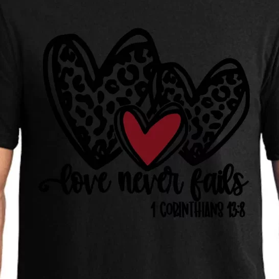 Love Never Fails Valentines Day Couples Tee Leopard Heart Gift Pajama Set