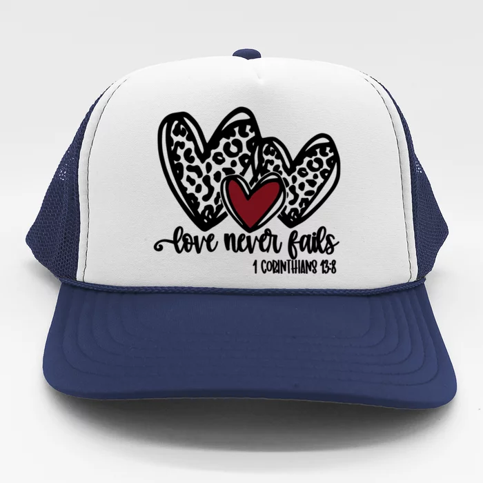 Love Never Fails Valentines Day Couples Tee Leopard Heart Gift Trucker Hat