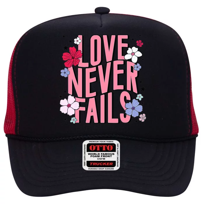 Love Never Fails Retro Groovy Valentine Day Matching Couple High Crown Mesh Trucker Hat