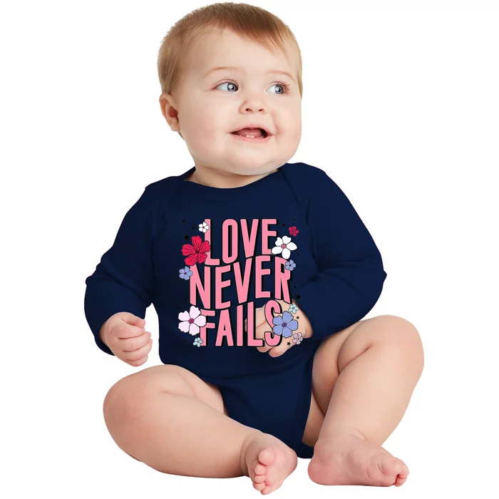 Love Never Fails Retro Groovy Valentine Day Matching Couple Baby Long Sleeve Bodysuit