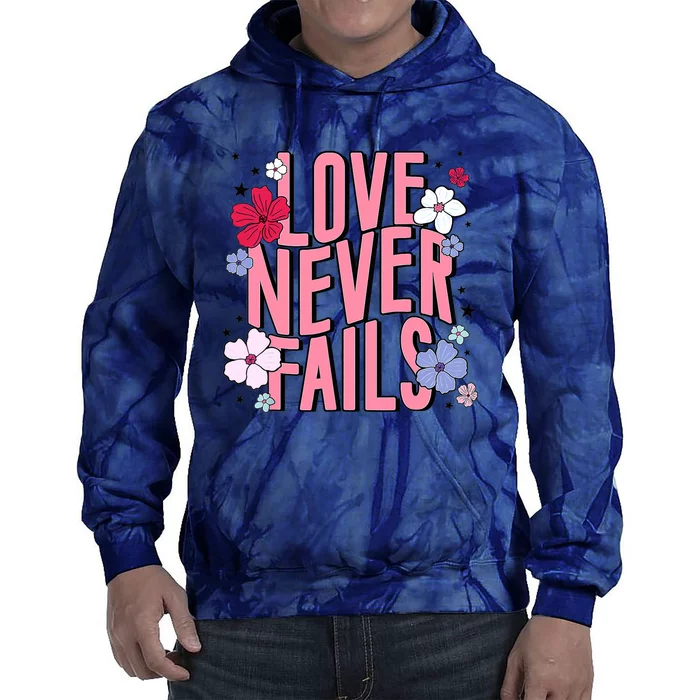 Love Never Fails Retro Groovy Valentine Day Matching Couple Tie Dye Hoodie