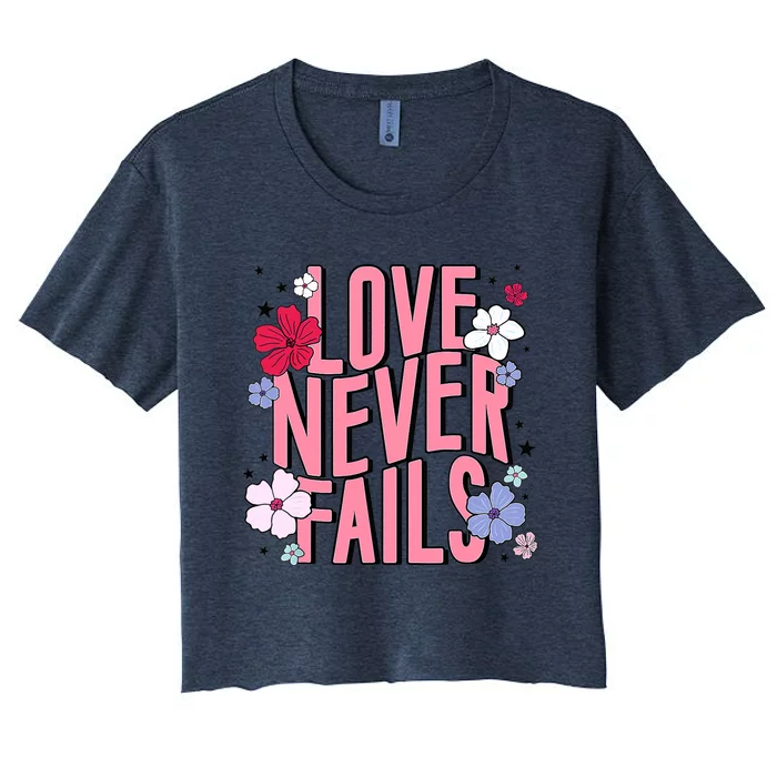 Love Never Fails Retro Groovy Valentine Day Matching Couple Women's Crop Top Tee