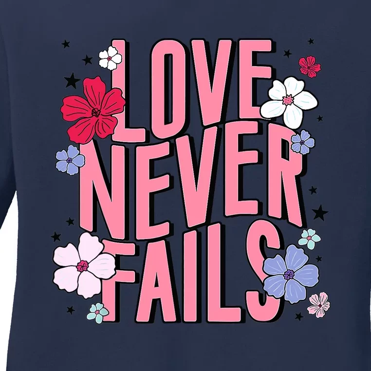 Love Never Fails Retro Groovy Valentine Day Matching Couple Ladies Long Sleeve Shirt