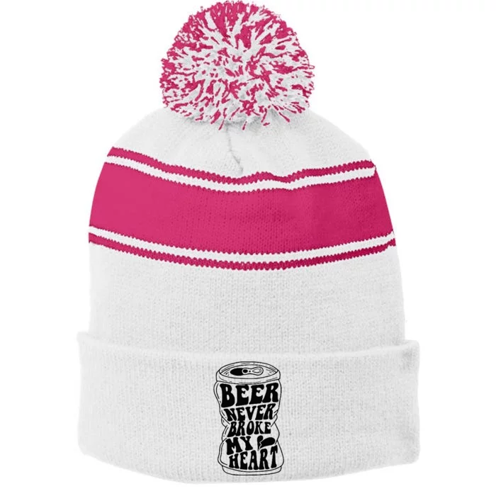 Long Neck Ice Cold Beer Never Broke My Heart Stripe Pom Pom Beanie