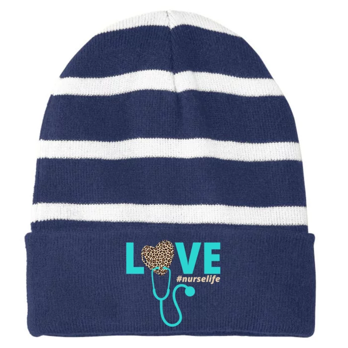 Love Nurse Life Leopard Heart Striped Beanie with Solid Band