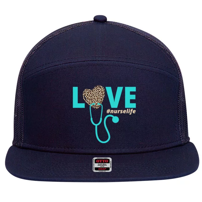 Love Nurse Life Leopard Heart 7 Panel Mesh Trucker Snapback Hat