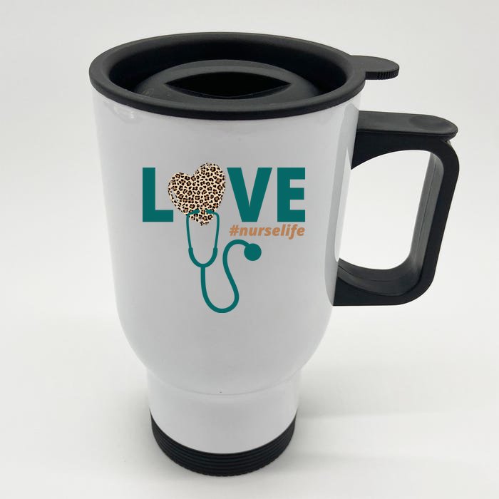 Love Nurse Life Leopard Heart Front & Back Stainless Steel Travel Mug