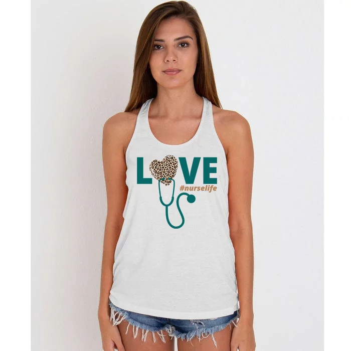 Love Nurse Life Leopard Heart Women's Knotted Racerback Tank