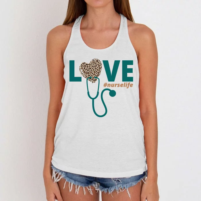 Love Nurse Life Leopard Heart Women's Knotted Racerback Tank