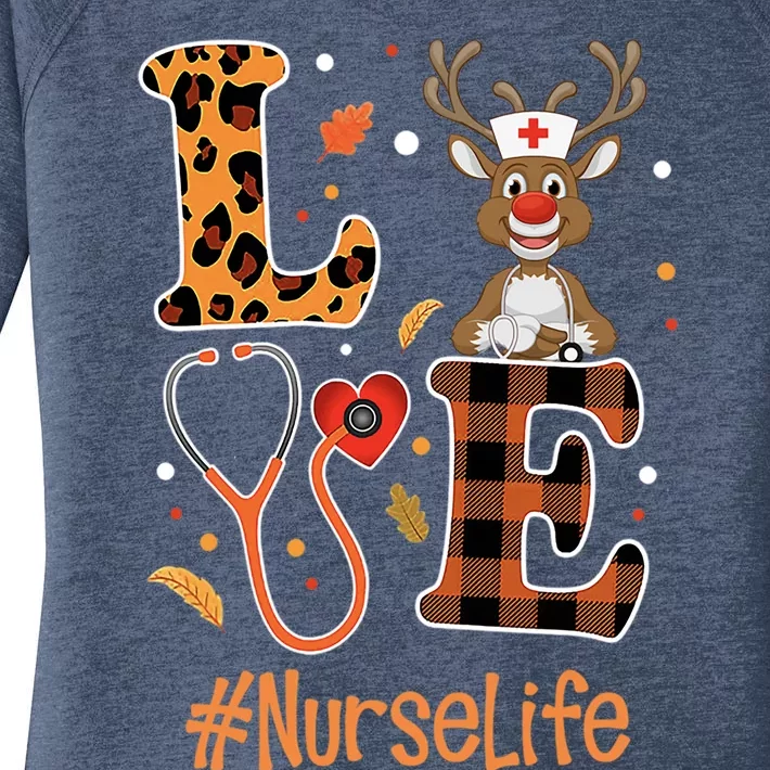 Love Nurse Life Leopard Pumpkin Fall Thanksgiving Halloween Funny Gift Women's Perfect Tri Tunic Long Sleeve Shirt