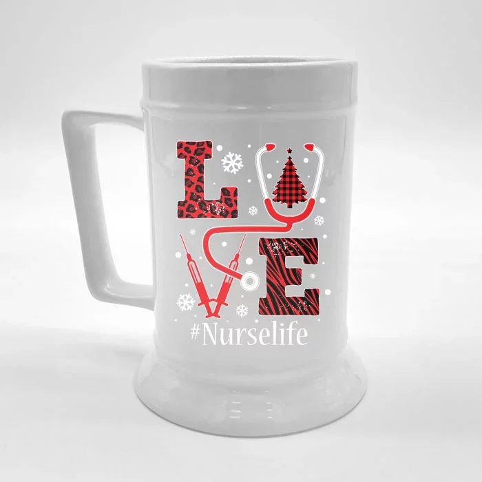 Love Nurse Life Xmas Tree Christmas 2020 Flannel Stethoscope Gift Front & Back Beer Stein