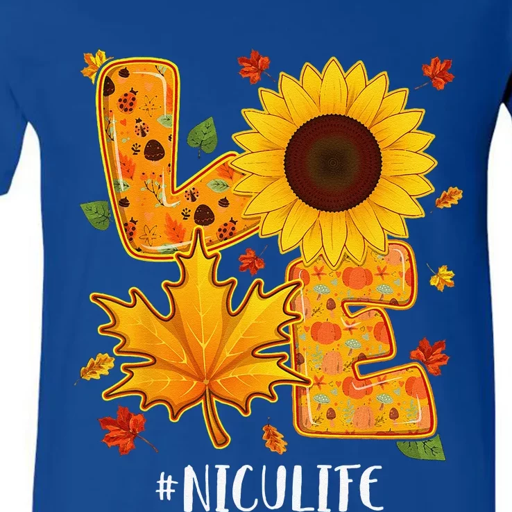 Love NICU Life Thanksgiving Autumn Fall Maple Leaf V-Neck T-Shirt