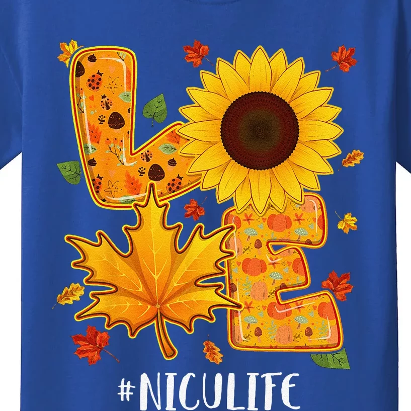 Love NICU Life Thanksgiving Autumn Fall Maple Leaf Kids T-Shirt