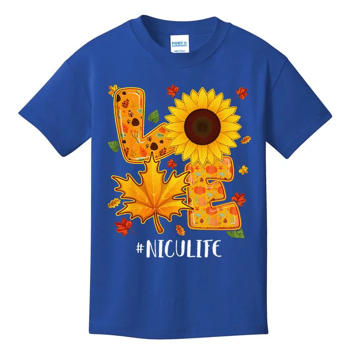 Love NICU Life Thanksgiving Autumn Fall Maple Leaf Kids T-Shirt