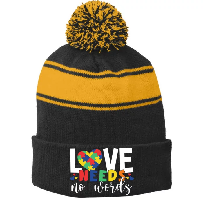 Love Needs No Words Autism Awareness Stripe Pom Pom Beanie