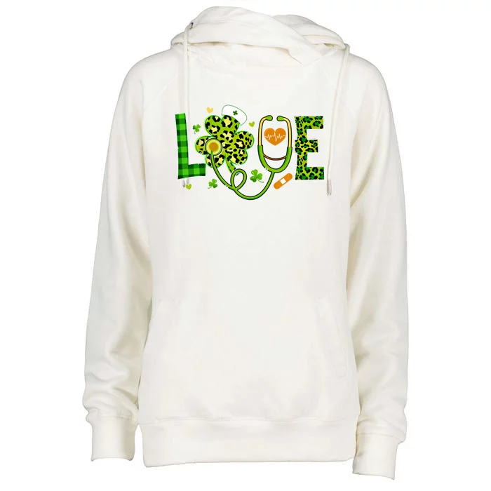 Love Nurse Nursing Stethoscope Patricks Day Shamrock Leopard Meaningful Gift Womens Funnel Neck Pullover Hood