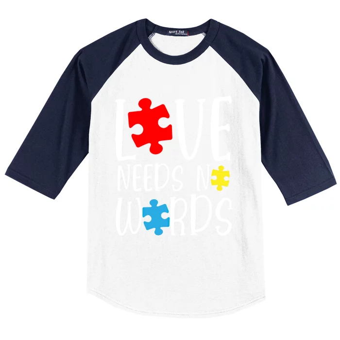 Love Needs No Words Gift Autism Puzzle Heart Autistic Support Funny Gift Baseball Sleeve Shirt