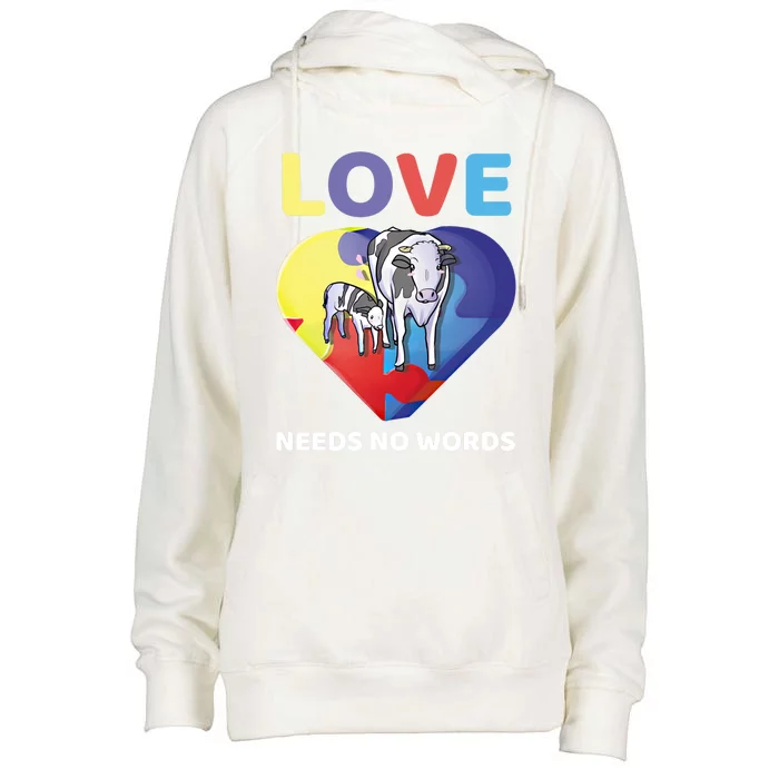 Love Needs No Words Autism Awareness Cow Mom Farmer Gift Womens Funnel Neck Pullover Hood