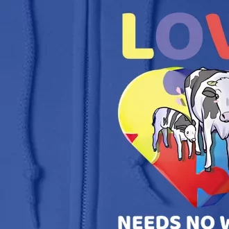 Love Needs No Words Autism Awareness Cow Mom Farmer Gift Full Zip Hoodie