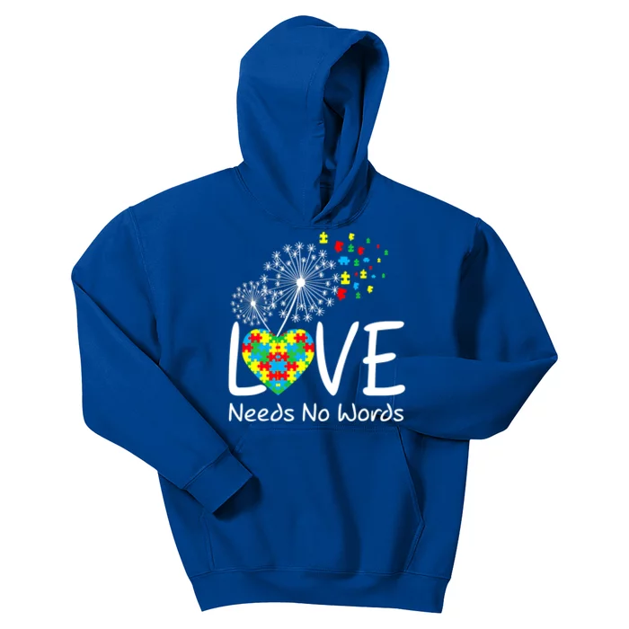 Love Needs No Words Autism Awareness Heart Puzzle Dandelion Gift Kids Hoodie