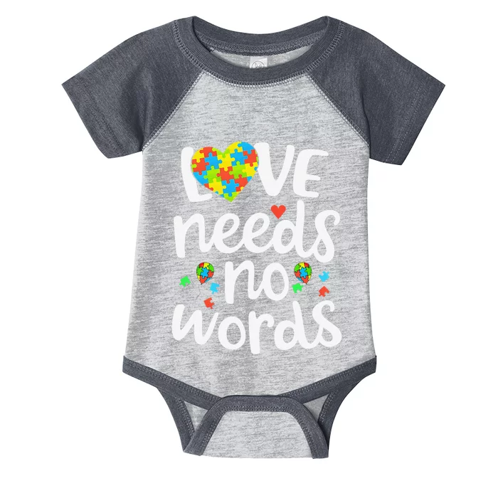 Love Needs No Words Autism Awareness Women Infant Baby Jersey Bodysuit