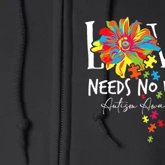 Love Needs No Words Autistic Puzzle Pieces Autism Awareness Full Zip Hoodie