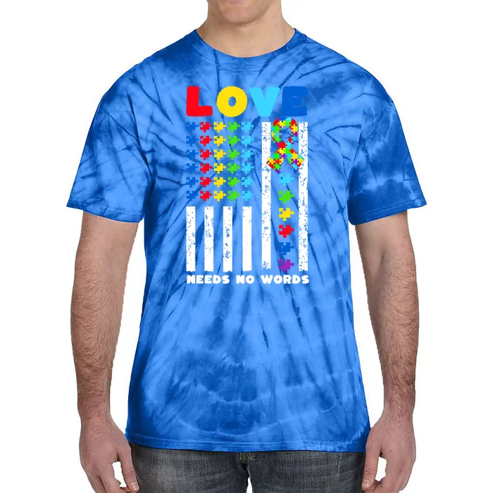 Love Needs No Words Us American Flag Autism Puzzle Autistic Gift Tie-Dye T-Shirt