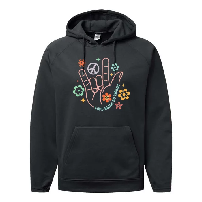 Love Needs No Words Retro Hand Sign Groovy Autism Awareness Performance Fleece Hoodie