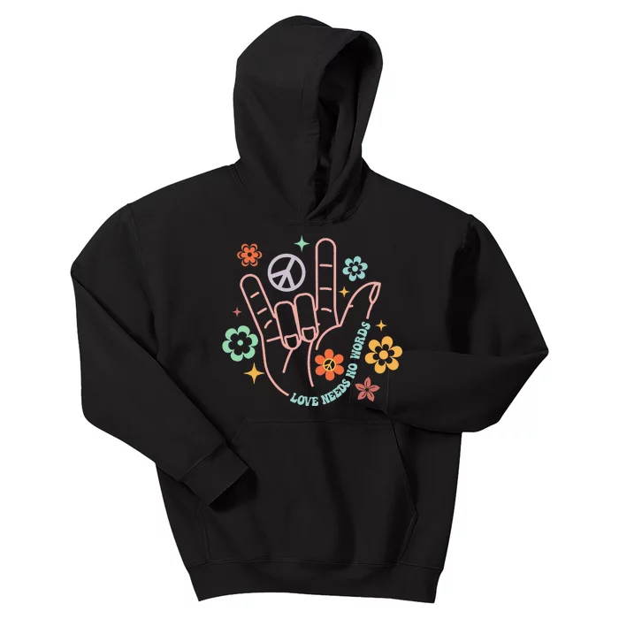 Love Needs No Words Retro Hand Sign Groovy Autism Awareness Kids Hoodie