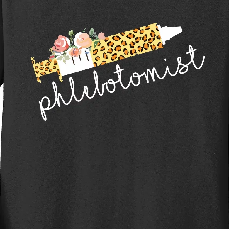 Leopard Needle Phlebotomist Phlebotomy Tech Technician Nurse Kids Long Sleeve Shirt