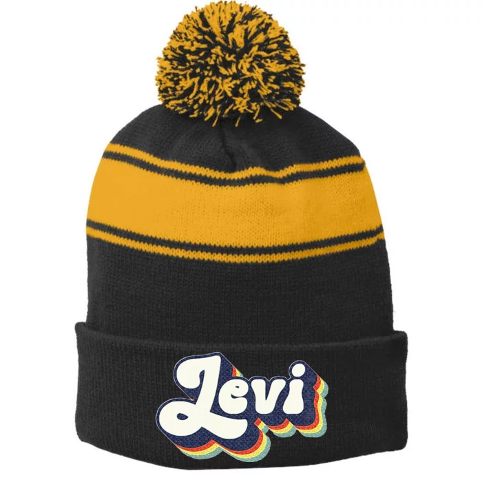 Levi Name Personalized Surname First Name Levi Stripe Pom Pom Beanie