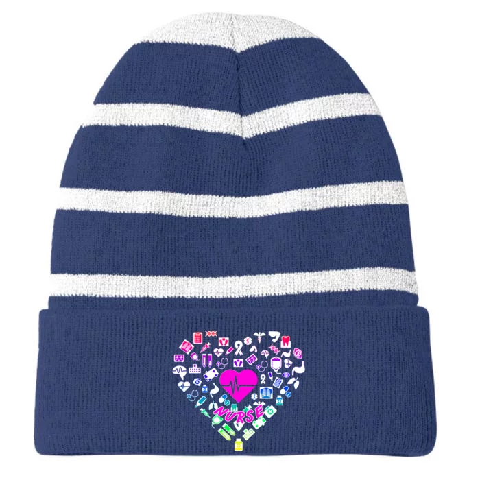 Love Nursing Rainbow Heart Collage Striped Beanie with Solid Band