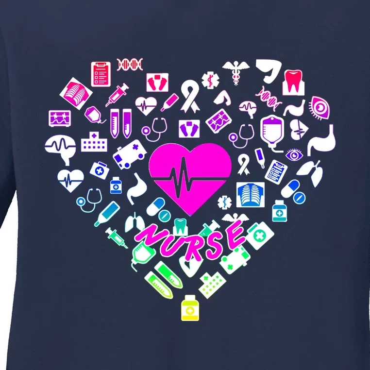 Love Nursing Rainbow Heart Collage Ladies Long Sleeve Shirt