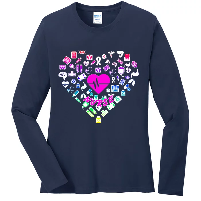 Love Nursing Rainbow Heart Collage Ladies Long Sleeve Shirt