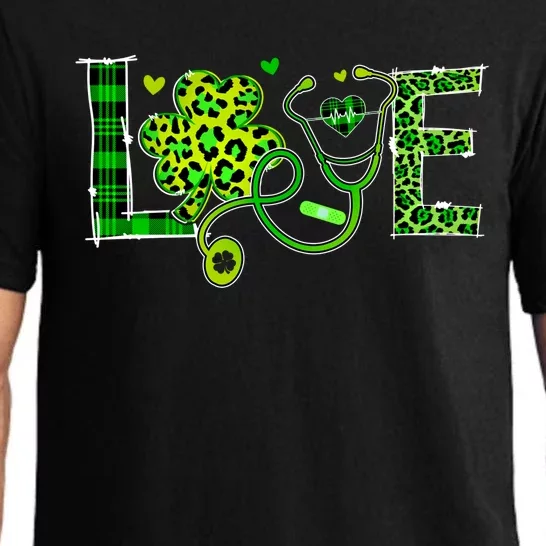 Love Nurse Stethoscope Patricks Day Shamrock Leopard Nursing Great Gift Pajama Set