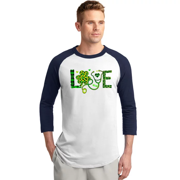 Love Nurse Stethoscope Patricks Day Shamrock Leopard Nursing Great Gift Baseball Sleeve Shirt