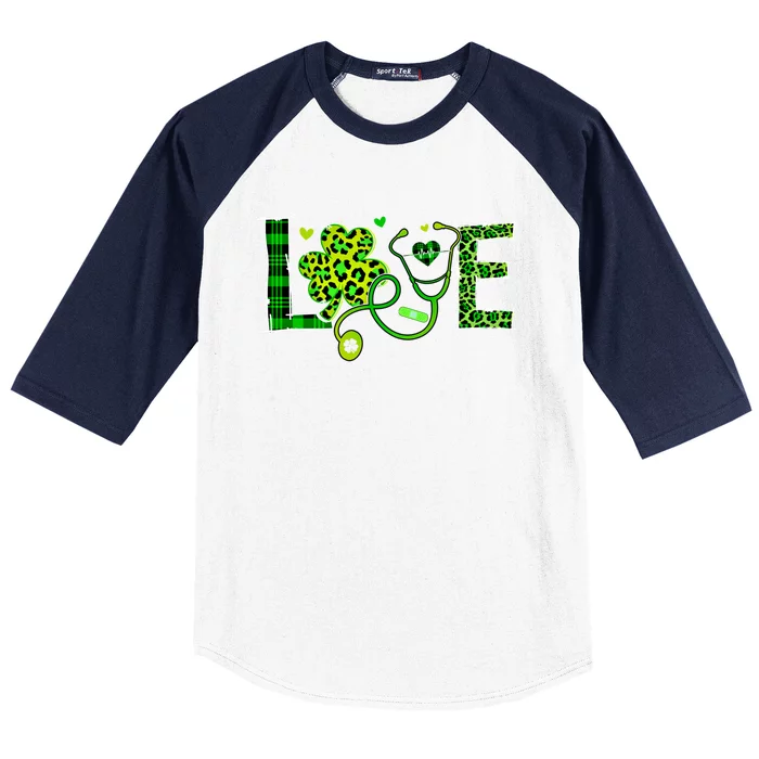 Love Nurse Stethoscope Patricks Day Shamrock Leopard Nursing Great Gift Baseball Sleeve Shirt