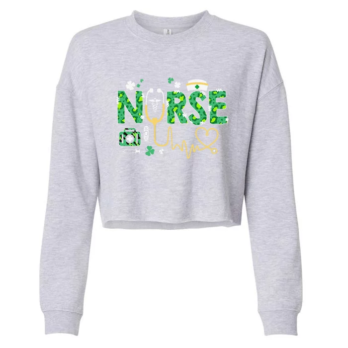 Leopard Nurse Stethoscope Scrub St Patricks Day Irish Nurses Cropped Pullover Crew