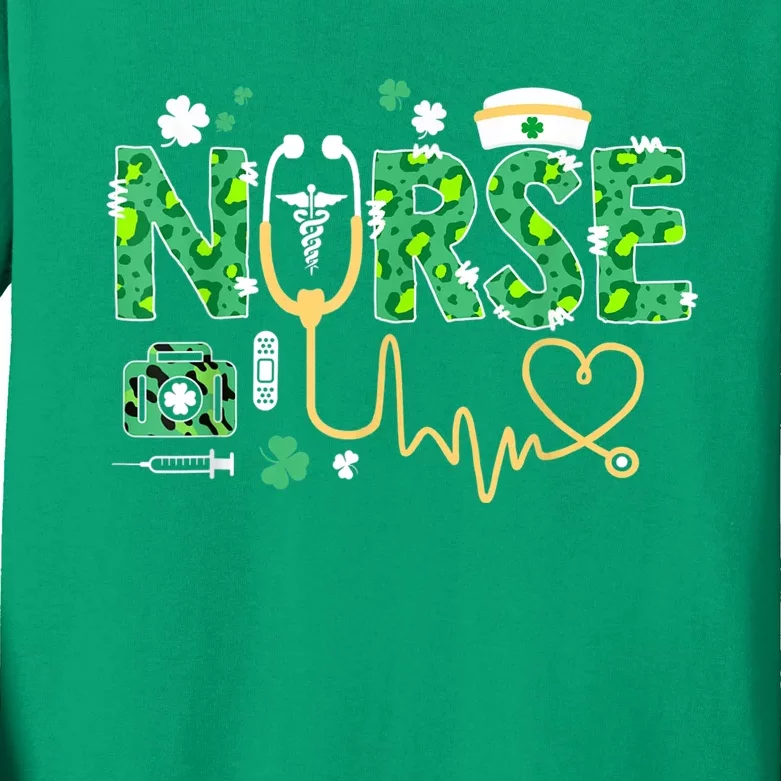 Leopard Nurse Stethoscope Scrub St Patricks Day Irish Nurses Kids Long Sleeve Shirt