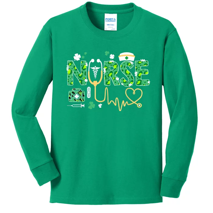 Leopard Nurse Stethoscope Scrub St Patricks Day Irish Nurses Kids Long Sleeve Shirt