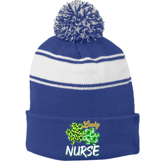 Lucky Nurse St Patricks Day Love Nurse Life Leopard Shamrock Gift Stripe Pom Pom Beanie